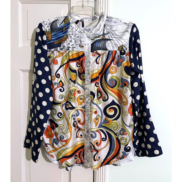 La Prestic Ouiston Jeanne Ship Map Swirl Print Silk Top Blouse Patchwork 1 Small - Picture 2 of 15